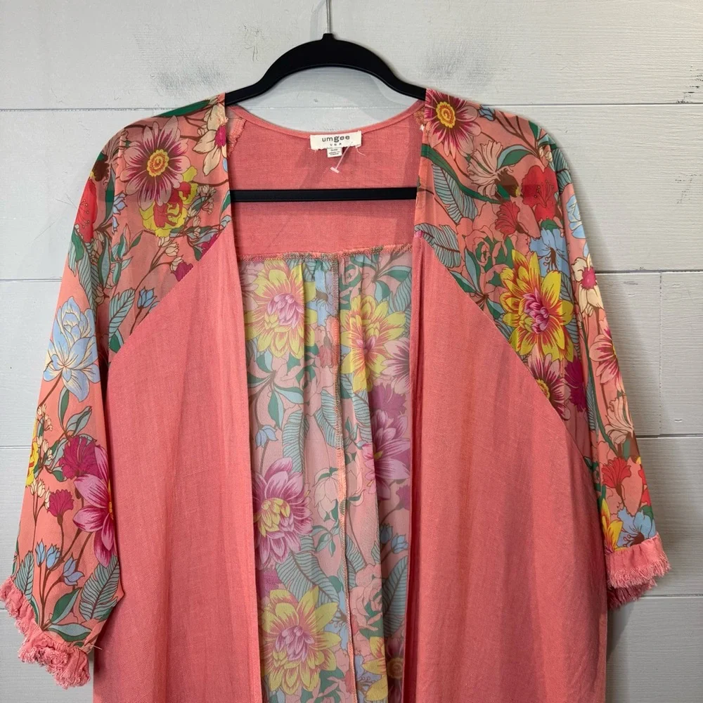 Umgee Coral Floral Kimono Duster Fringe Trim Boho Cardigan Size Small / Medium - Picture 3 of 13